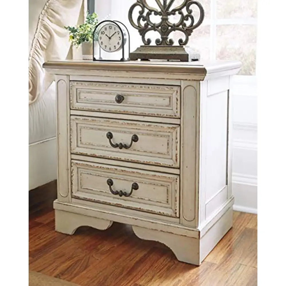 French Country Nightstand 3 Drawer Bedside Table USB Charging Ports Chipped White Wood Chic Vintage Style