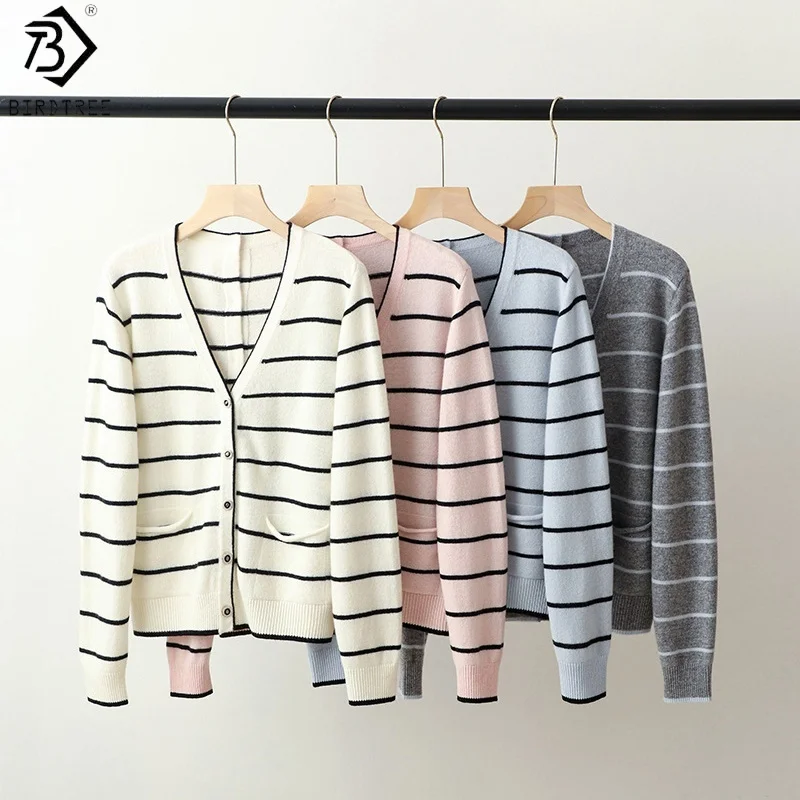 

Birdtree 100% Sheep Wool Knitted Stripe Cardigan,Woman V-neck Full Sleeve Single Breasted Sweater,Autumn Warmth Coat T59824JF