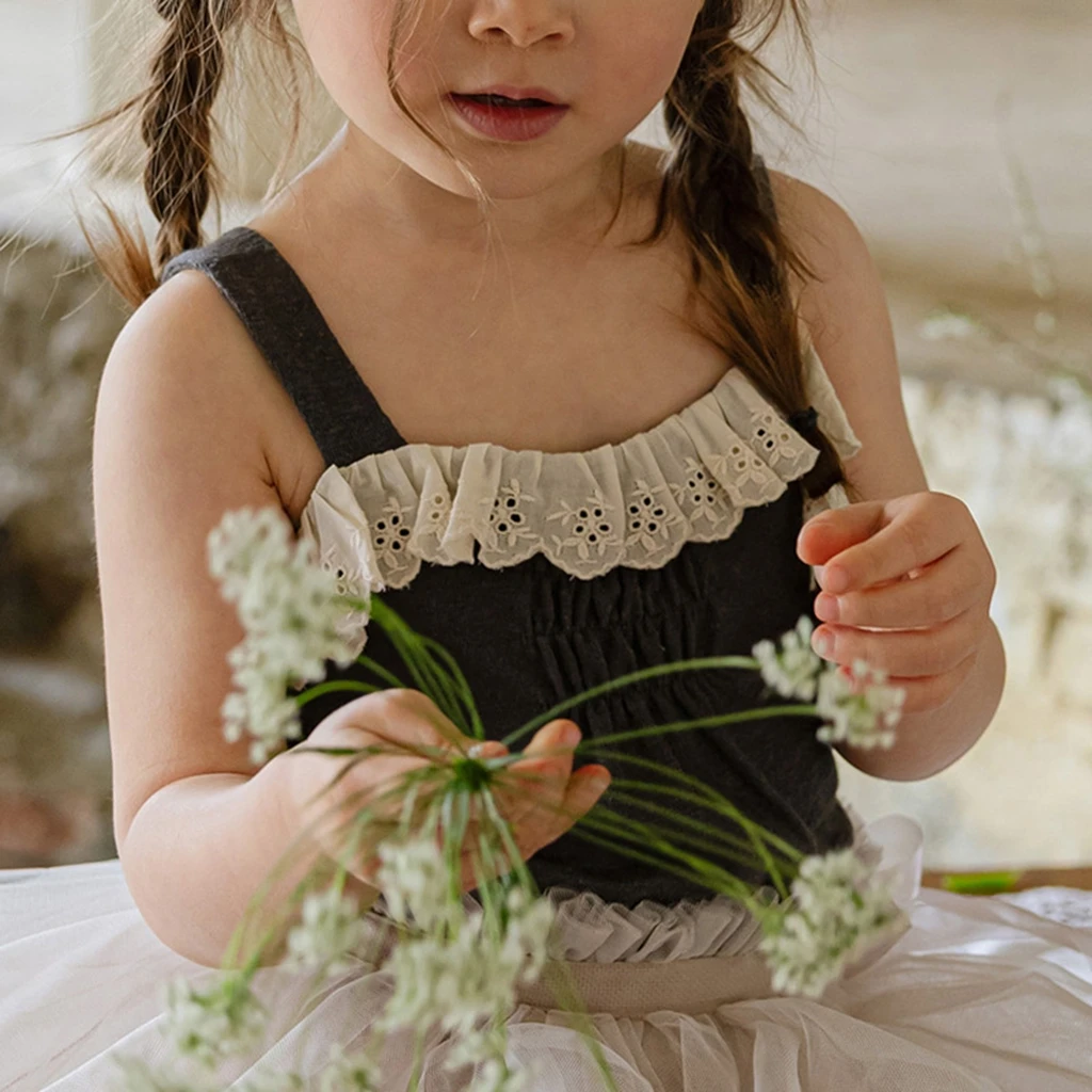 Summer 2026 Korean Style Girls Cotton Lace Trim Soft Strap Vest Children's Clothing 4 Colors Available in Stock Kids Tops