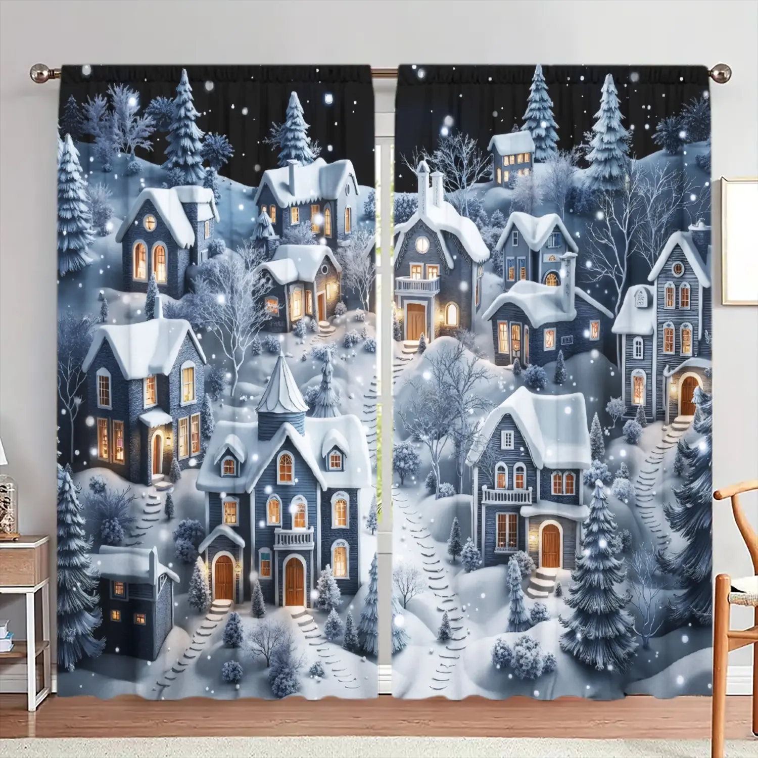 

2 шт., Рождественская ночная сцена, занавеска с принтом «Село льда и снега» для домашнего декора - карман стержневым карманом для обработки окон для спальни