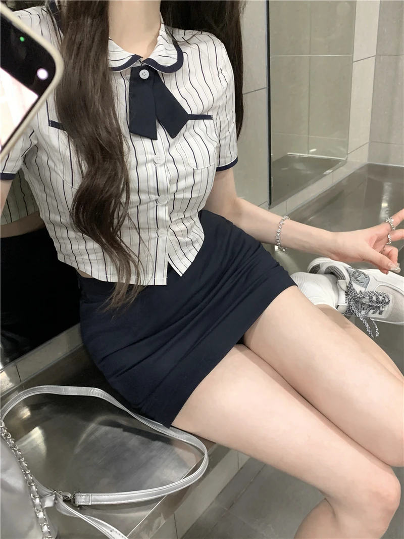 Korean Style JK Uniform Set Two-piece Girls Short Sleeve Striped Shirts Summer Collect Waist Slim Blouse Hip Wrap Skirt Students