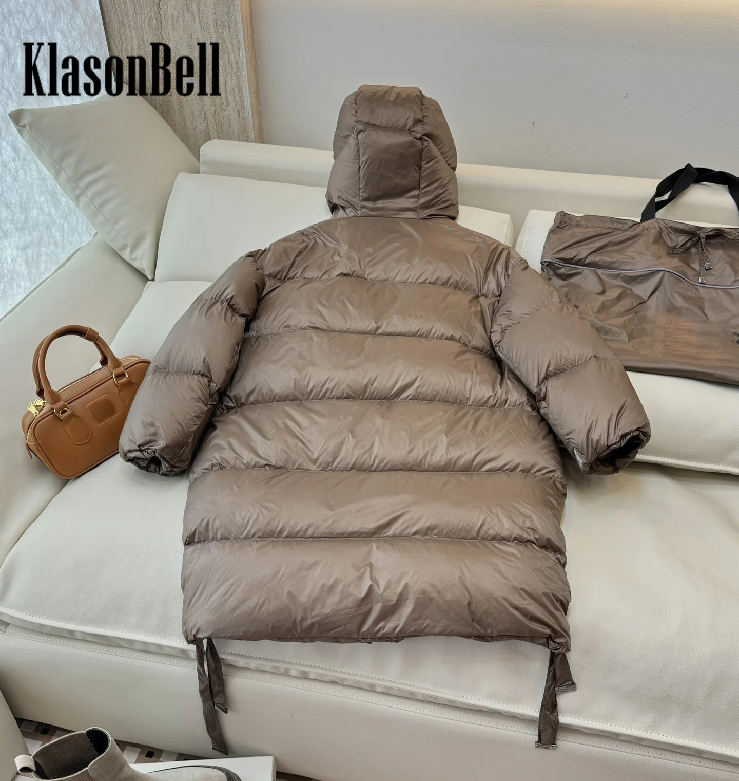 10.11 KlasonBell Women\'s 2024 Autumn Winter New Hooded Goose Down Keep Warm Jacket Side Split Button Lace-up Mid-Length Coat