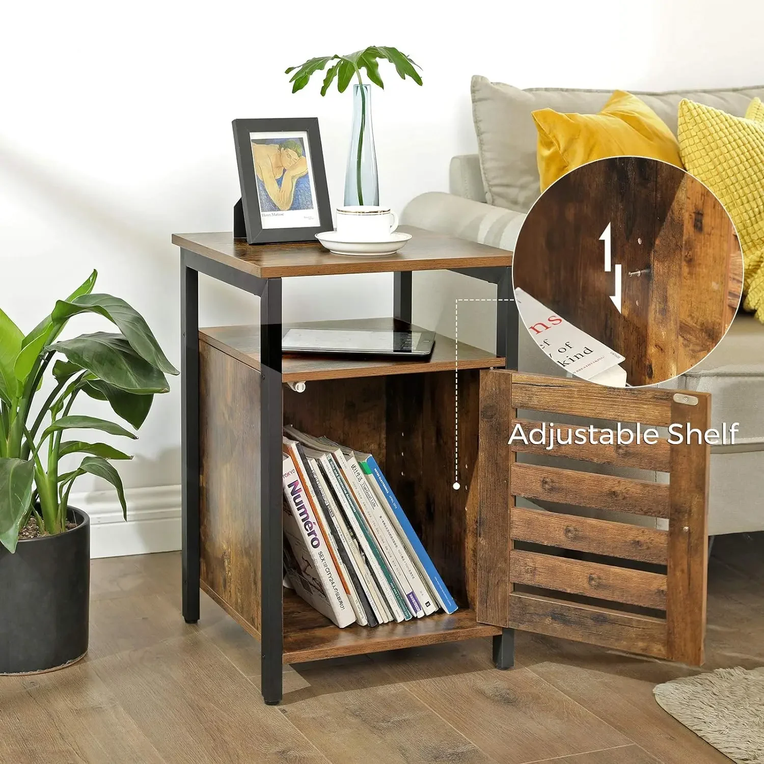 Industrial Rústico Nightstand e Bookshelf Bundle, Marrom e Preto Móveis