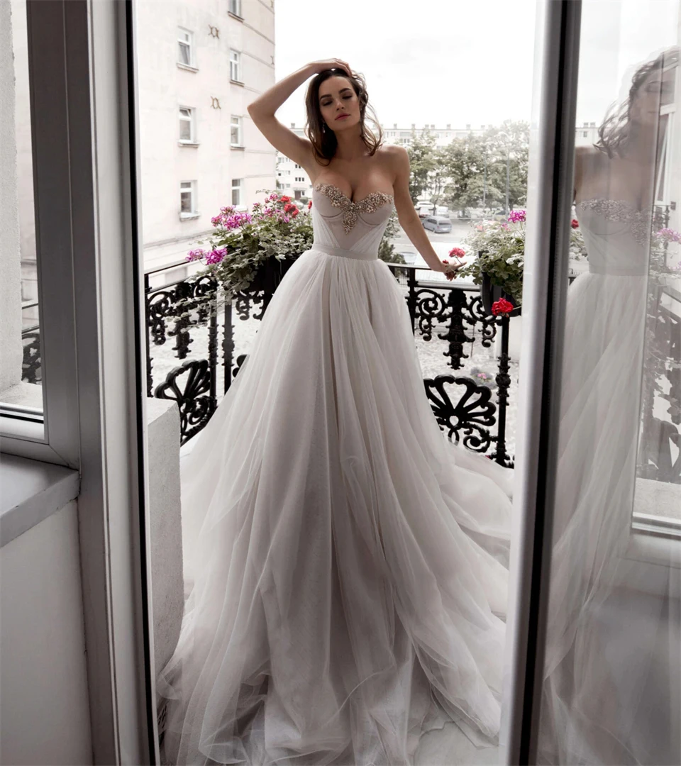 Elegant Tulle Crystal Pearl Sleeveless Sweetheart Neck Wedding Dresses For Woman 2024 Court Train Bridal Gowns vestidos de novia