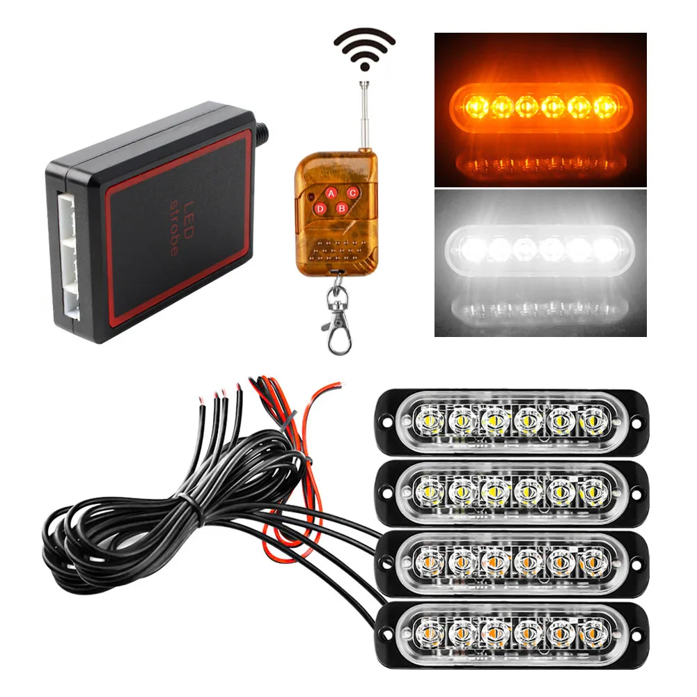 Автомобильный 6 светодиодный стробоскосветильник, светодиодный аварийный сигнальный светильник 12-24 В, фонасветильник с решеткой радиатора и пультом дистанционного управления, для грузовиков, лодок, Янтарный/белый Автомобильный 6 светодиодный стробоскосветильник, светодиодный аварийный сигнальный светильник 12-24 В, фонасветильник с решеткой радиатора и пультом дистанционного управления, для грузовиков, лодок, Янтарный/белый