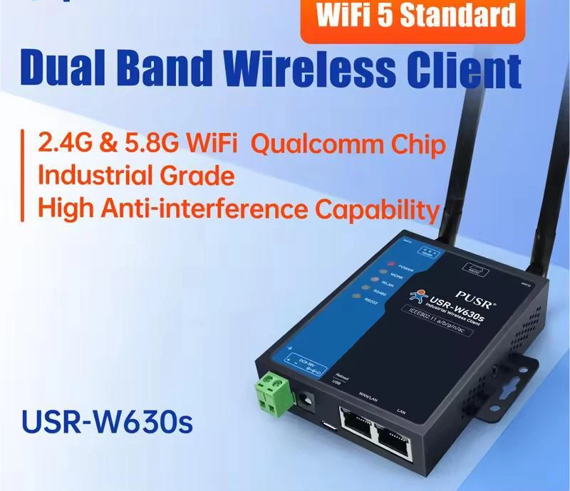 USR-W630s Industrial Grade Dual Band WIFi5 Wireless Client Modbus Gateway MQTT 2 Ethernet ports rs232 rs485 to WiFi Converter