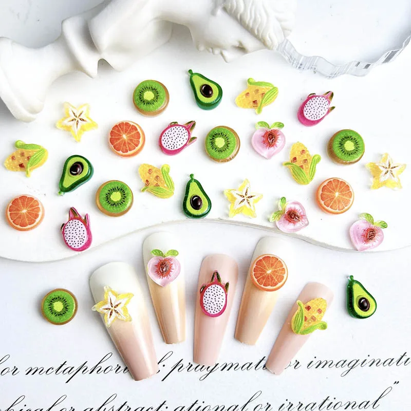 20PCS Glossy Colorful 3D Lovely Fruits Avocado Orange Peach Pitaya Resin Nail Art Rhinestones Decorations Manicure Ornaments