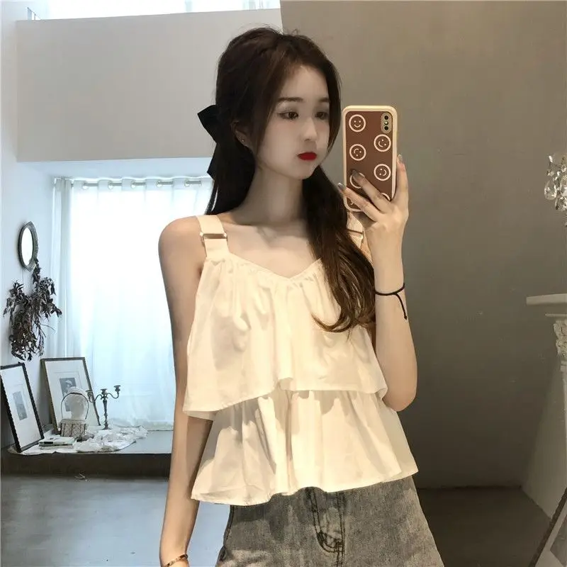 Women Summer Simplicity Loose Fashion Ruffles Solid Color Camisole Women Clothes Casual All-match Appear Thin Hottie Top Tee