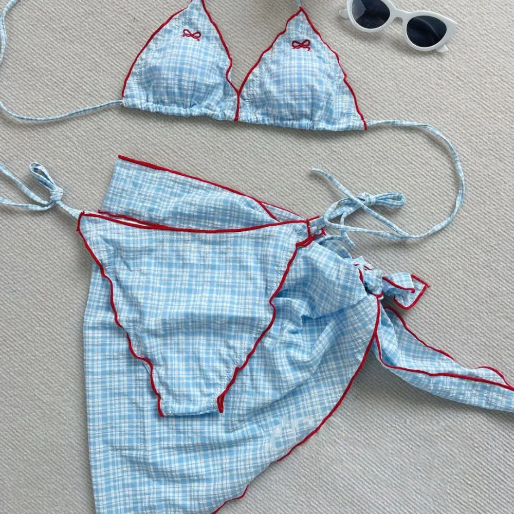 Bowknot Grid Sleeveless Swimsuit Lace Up Pleated Bikini Bathing Suit Beachwear Clothing Slim Fit Three Pieces Swimwear Set