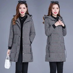 Houndstooth Down Cotton Coat Womens Clothing 2024 New Winter Jacket Hooded Parkas Loose Thick Padded Coat Female Long Outerwear