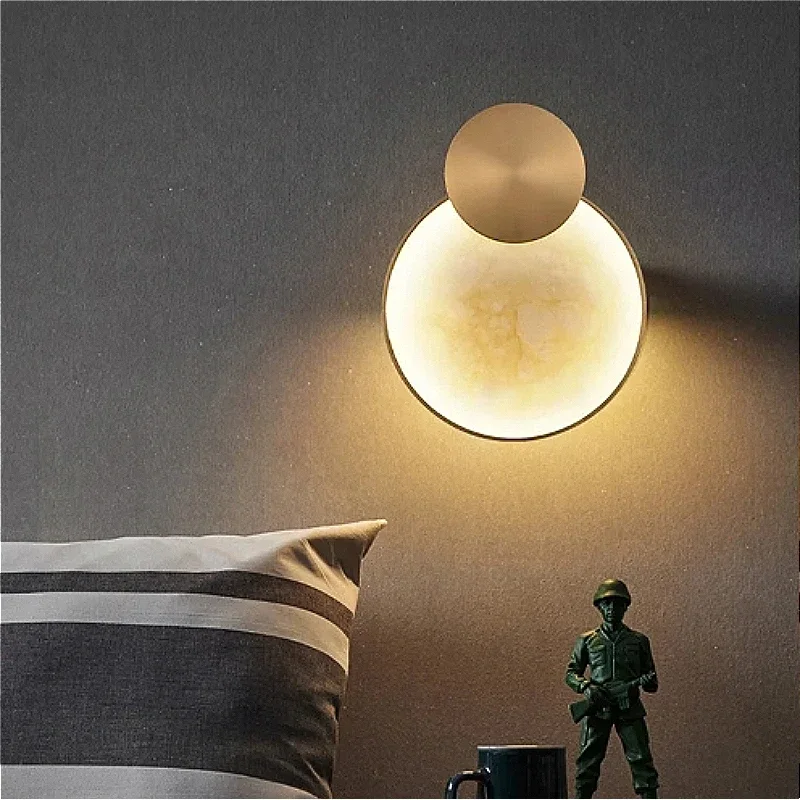 Natural Round Marble Wall Lamp Gold Metal Lighting Home Decor Living Room Bedroom Parlor Restaurant Villa Hotel Modern LED Light