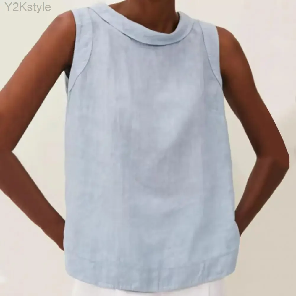 New Women Fashion Summer Casual O Neck Solid Color Cotton Linen Sleeveless Tops Basic Blouse Women For Daily Life