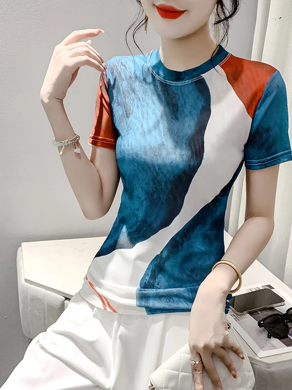 디자인 센세이션 컬러 블로 프린트 미 오르트 스웨 티셔츠 여성용 여름 신상 슬림 핏 편안한 베이스 레이어 티셔츠