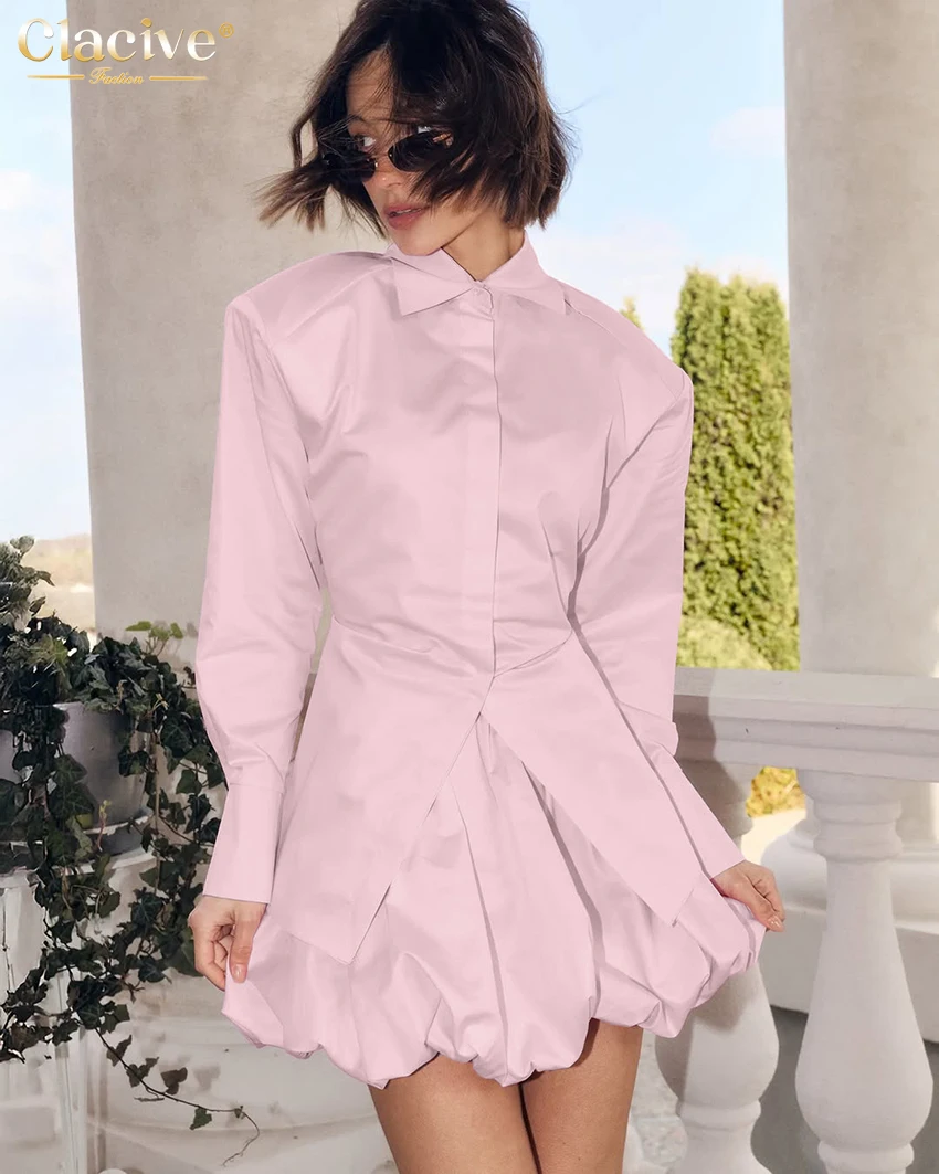 Clacive Fashion Loose Pink Cotton 2 Pieces Set Woman Elegant Long Sleeve Shirt With High Waist Pleated Mini Skirt Set Female image 4