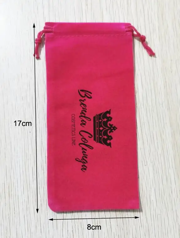 100 PCS Customized Logo 8x17cm Drawstring Velvet Bags Printed With Black Logo