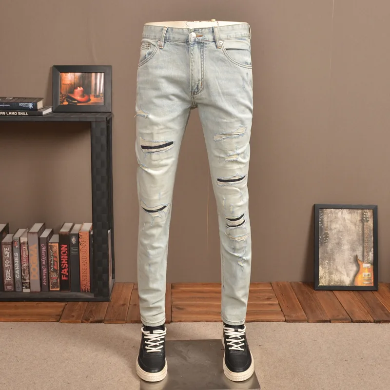 Retro Distressed Light Color Hole Jeans Men's 2024 Summer Thin Stretch Slim High-End Scrape Patch Casual Ankle Banded Pants