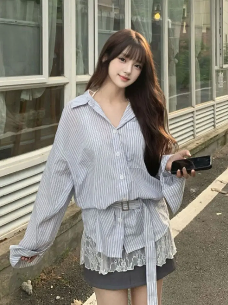 

Unique Striped Waist-Cinching irt French Sle Long Sve Collar Ciwalk Faion Autumn 2025 Trendy Top for Young Women