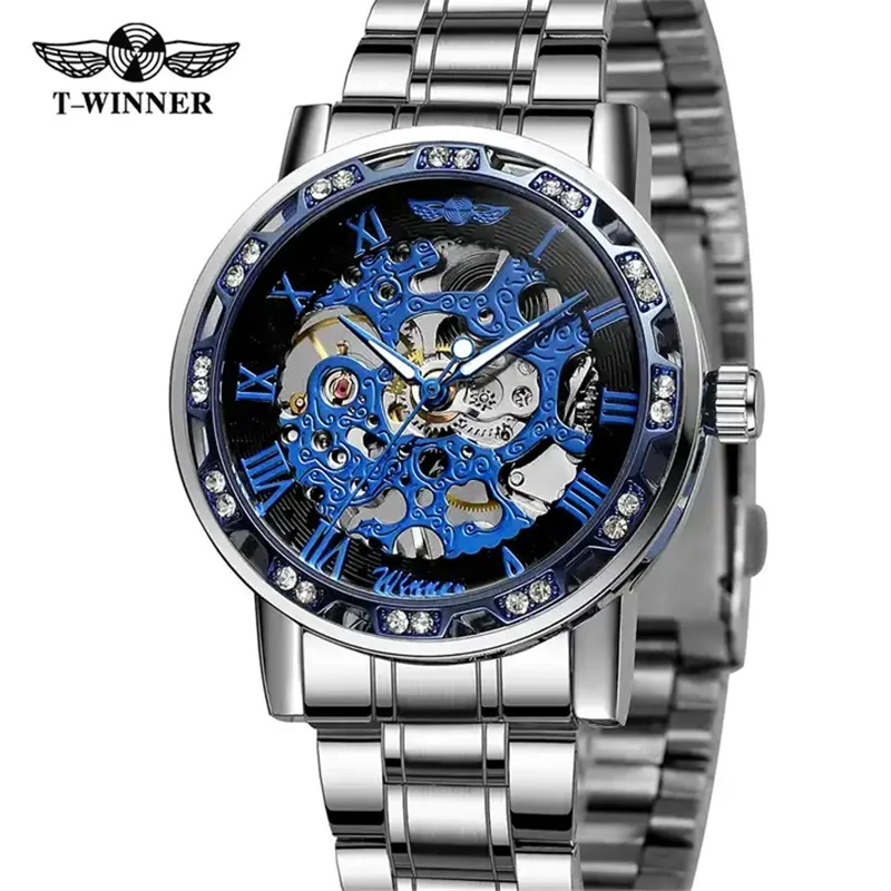 Winner 01B Luxury Skeleton men Mechanical Watch Male Clock Hand Wind Blue Watch Skeleton Montres pour hommes