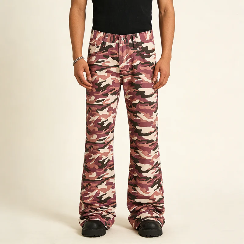 Y2K Mode Rosa Camo Schlagjeans für Herren Slim Fit Retro Tarnmuster Denim-Hosen Skinny Tie-Dye Print Ausgestellte Jeanshosen – Detail 4