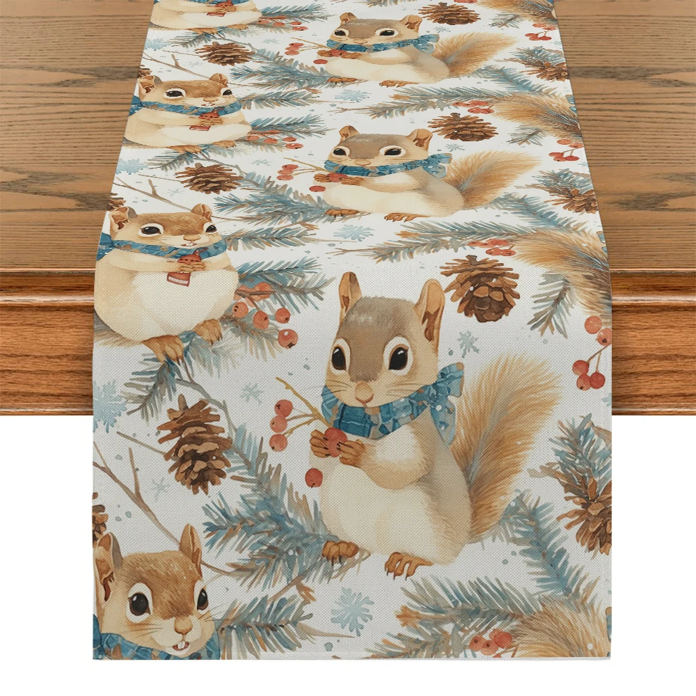 Christmas Fir Pine Tower Fruit Squirrel Table Runner Home Wedding Centerpieces Decoration Party Table Runners Dining Long Cloth