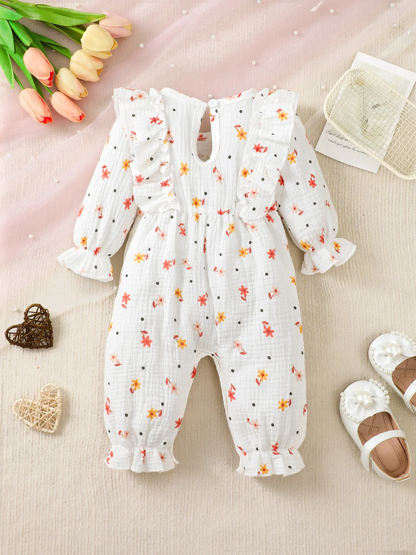 Baby Girl Jumpsuit Ruffle Small Broken Flower Long Sleeved Jumpsuit Cute Baby Girls Spring Autumn Pure Cotton Comfort Clothing
