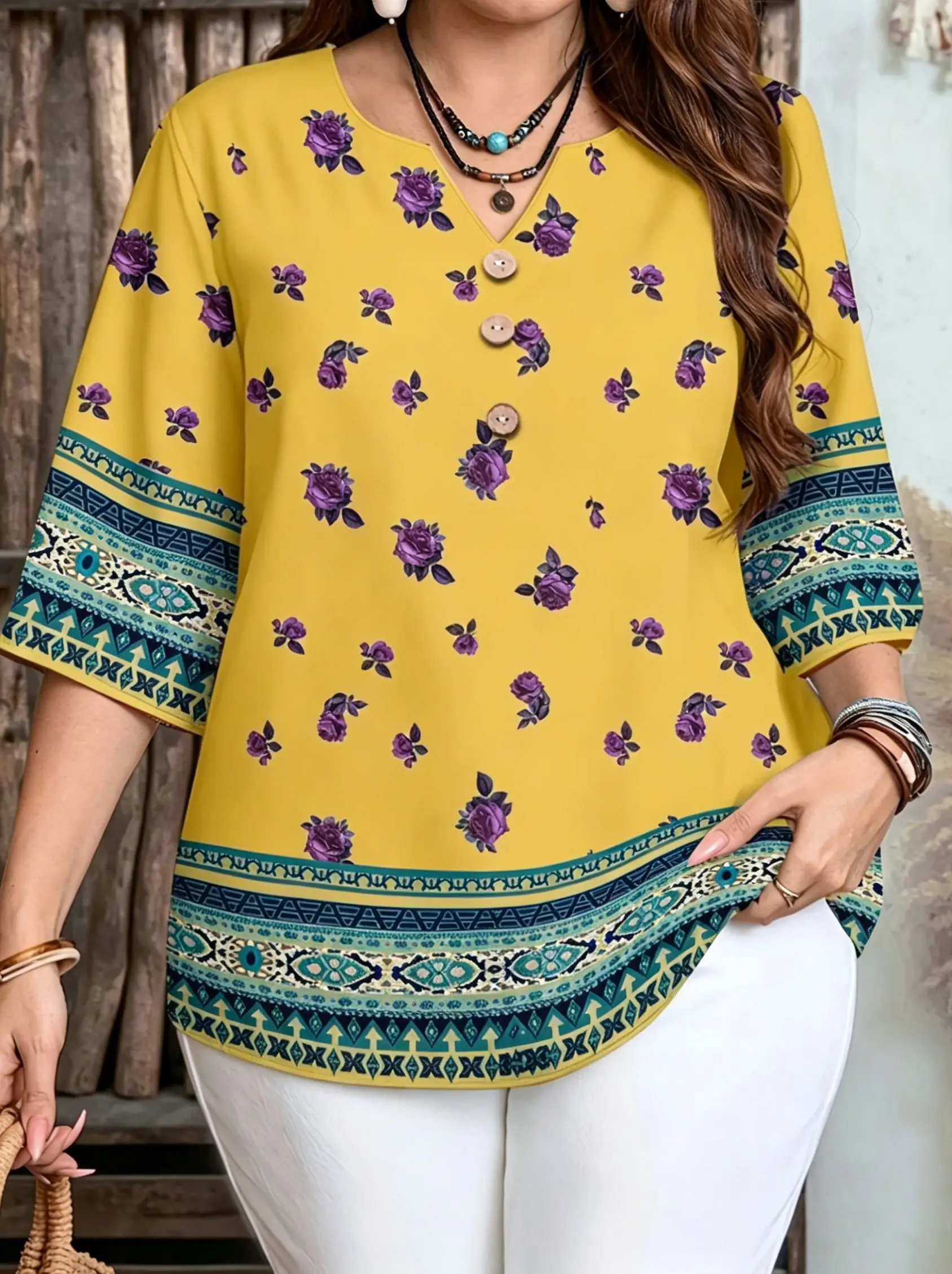 Notch V Neck Printed Blouses Purple Rose Ethnic Border Plaid Patchwork Leopard Glitter Floral Stripe Split Loose 3/4 Sleeve Tops