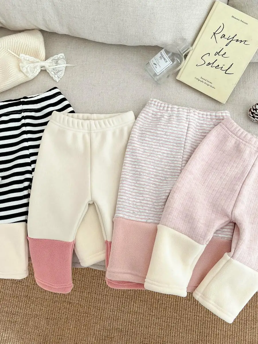 بنطلون نسائي كوري مبطن للشتاء، سروال دافئ للبنات الصغيرات مع تصميم عصري وألوان جذابة