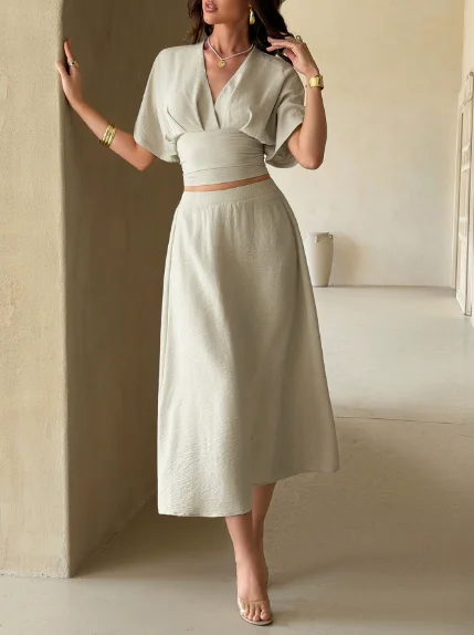 Two Piece Set Women Outfit 2026 Spring New Solid Color V-Neck Short Sleeve Cinched Waist Crop Top & Casual Daily Long Skirt Set
