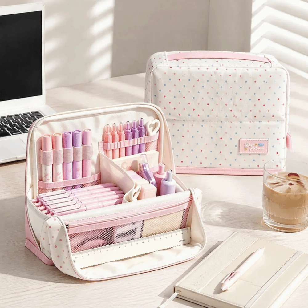 Large Capacity Magnetic Standing Pencil Case Portable Multi-layer Polka Dot Pen Bag Hand-held Large Opening Stationery Bag