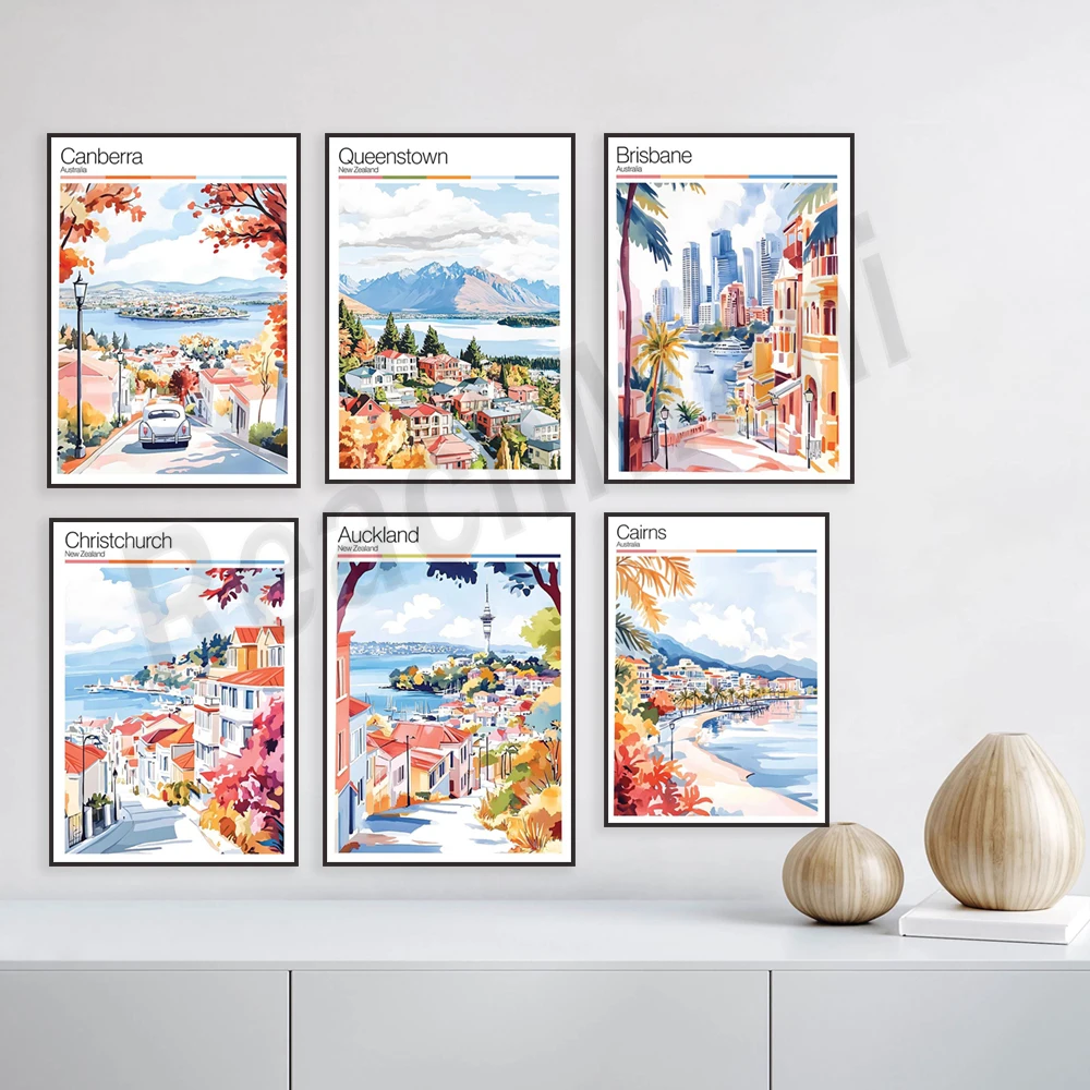 كيرنز، أديليد، كوينستاون، أستراليا بيرث، ملبورن، غانا جولد كوست، أوكلاند، نيوزيلندا، ملصقات السفر كانبيرا #2