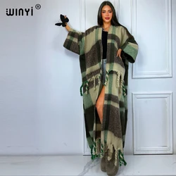WINYI Winter African cardigan print abaya dubai luxury outfits for women Fringed coat Open Front Kimono long down party dress