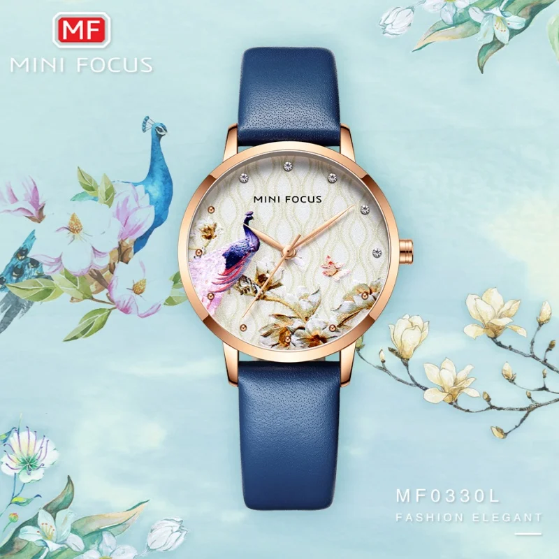 MINI FOCUS 0330 Women\'s Quartz Watch Elegant Peacock Dial Design Female Fashion Leather Strap Ladies Simple Casual Wristwatches