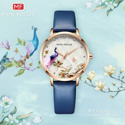 MINI FOCUS 0330 Women's Quartz Watch Elegant Peacock Dial Design Female Fashion Leather Strap Ladies Simple Casual Wristwatches