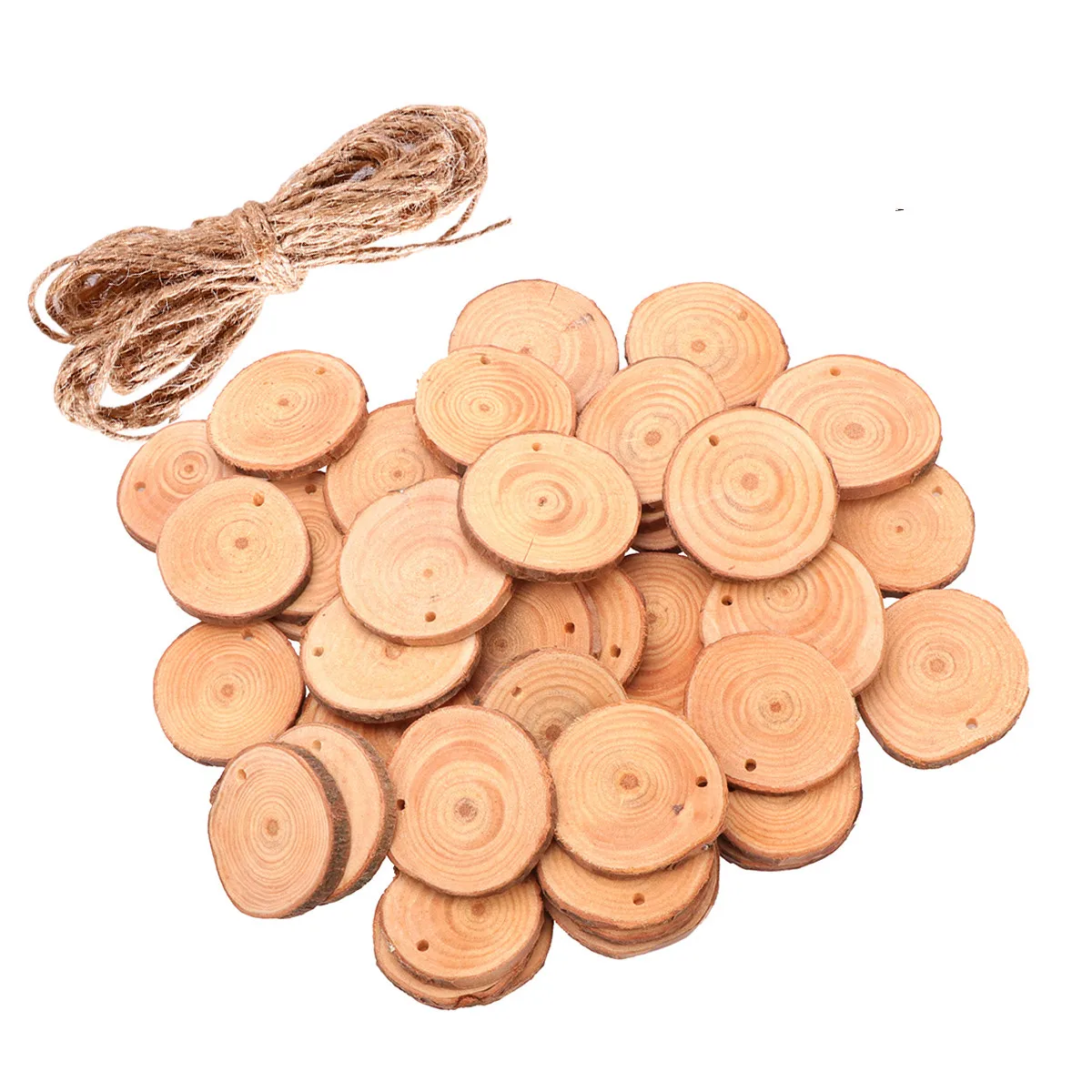 

50Pcs Natural Wood Slices Discs for DIY Crafts Wedding Decor Jute Twine Included