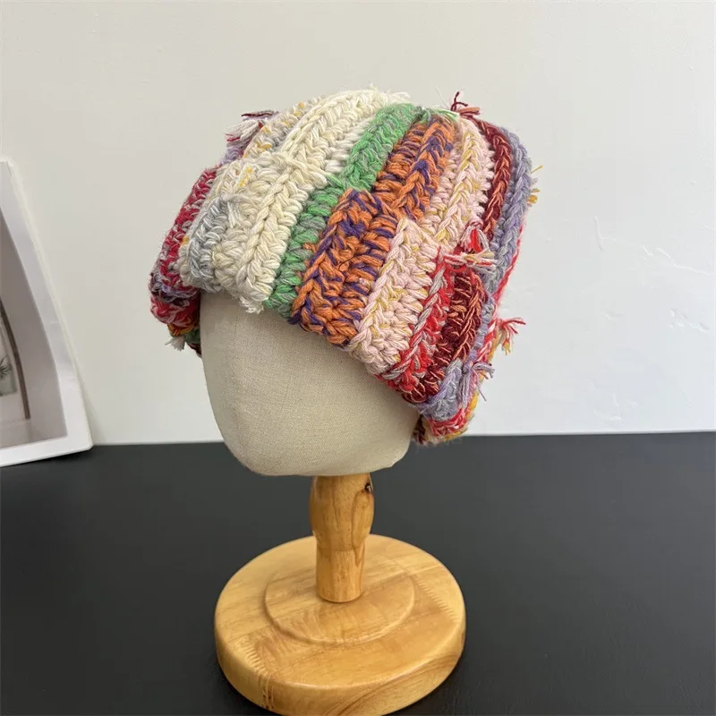 Handmade Heavy Industry Multi-strand Twist Mixed Color Wool Beanie Cap Dopamine Color Hat Winter Thermal Pullover Hat for Women