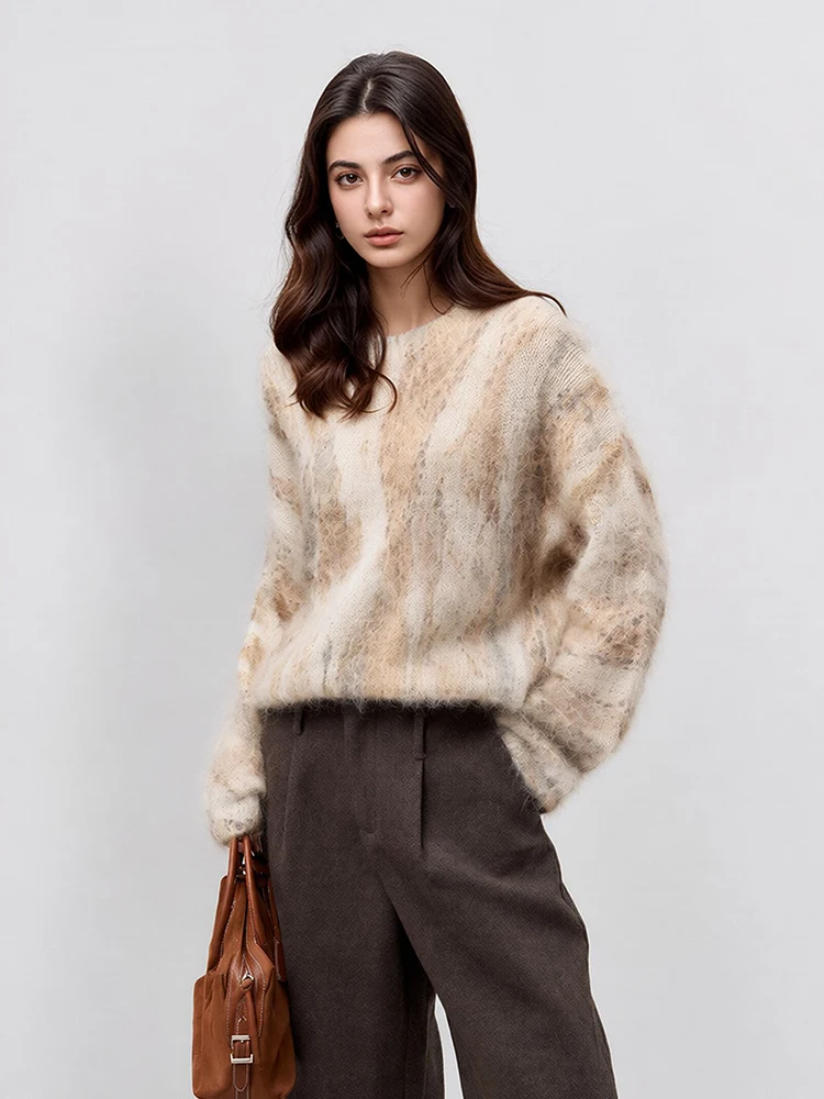 SuyaDream, 2026 Ladies Fluffy Mohair Jumper, Neutral Earth Color Watercolor Tie-dye Pattern, Crew Neck Loose Casual Knit Sweater