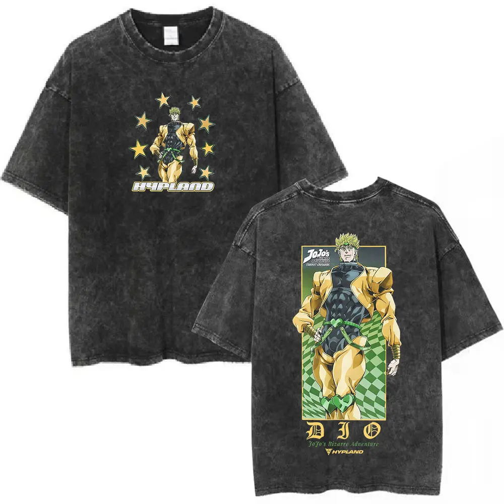 Vintage Washed Anime JoJo Bizarre Adventure Dio Brando Manga T-shirts Men's Women Clothing Fashion Casual Short Sleeves T Shirts