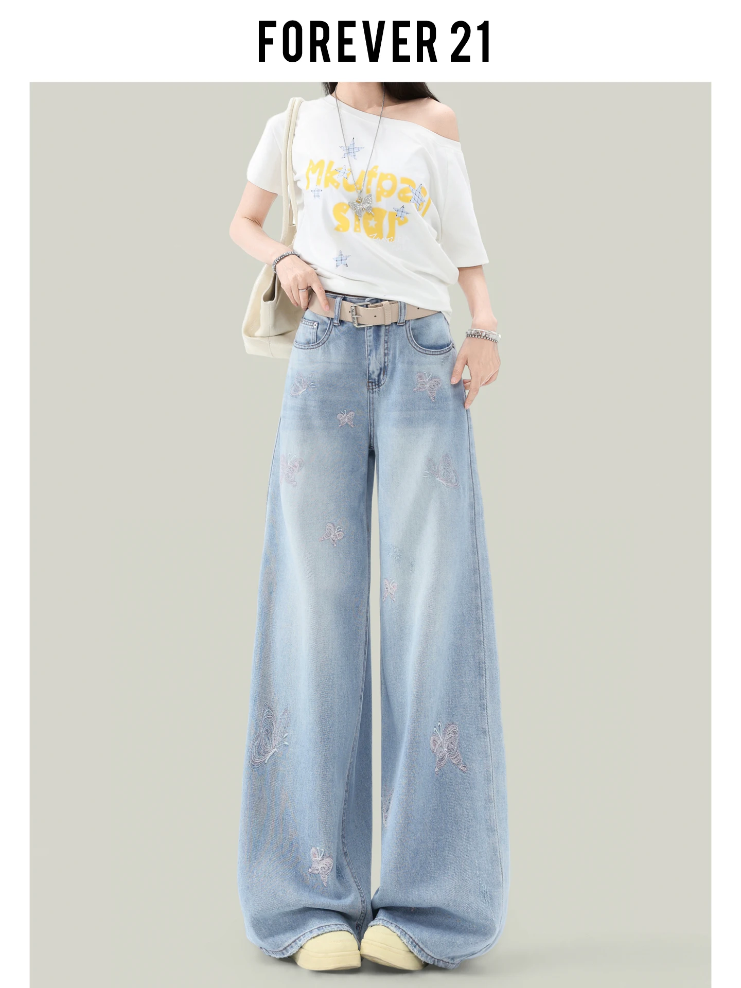 Jeans de mezclilla de pierna ancha con nudo bordado de Forever 21, estilo americano, azul claro, cintura alta, corte holgado y recto para mujer