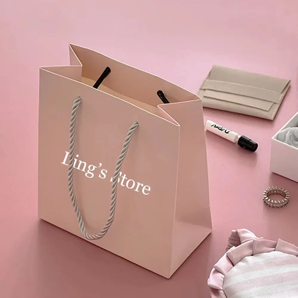 Sacs à poignée en papier pour bijoux, 24 pièces, 14x15x7cm, Logo personnalisé, blanc, gris, rose, cadeaux de mariage, emballage de rangement, pochette personnalisée