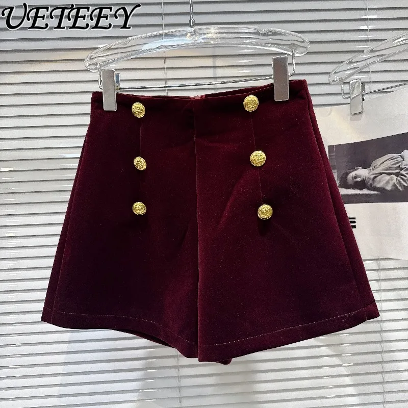 Short trois-quarts en tissu velours pour femme, pantalon court de luxe, Double rangée, boucle en métal, botte taille haute, nouvelle collection automne