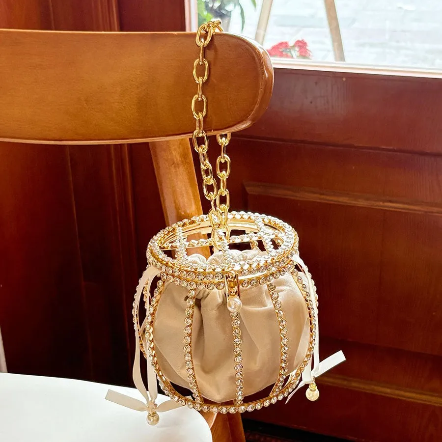 French Style Retro Shining Rhinestone Chains Handbags Women's Light Luxury Fashion Hollow Out Bucket Bag Female Banquet Bags
