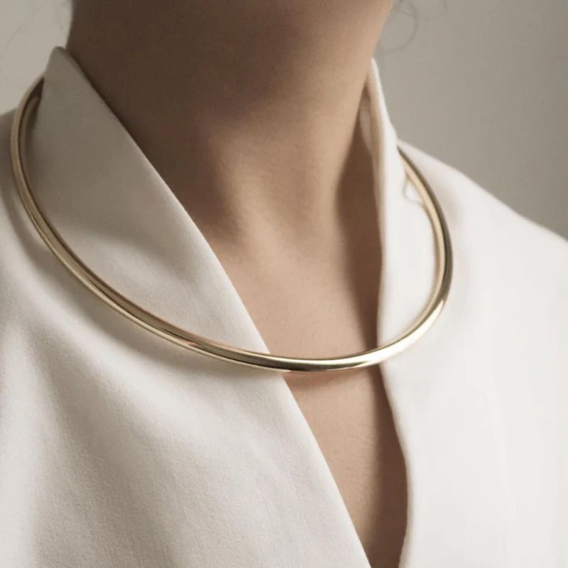 Simple Copper Choker Necklaces Round Chunky Metal Collar Torques Maxi Jewelry For Women Gold Color Fashion Accessories MANILAI