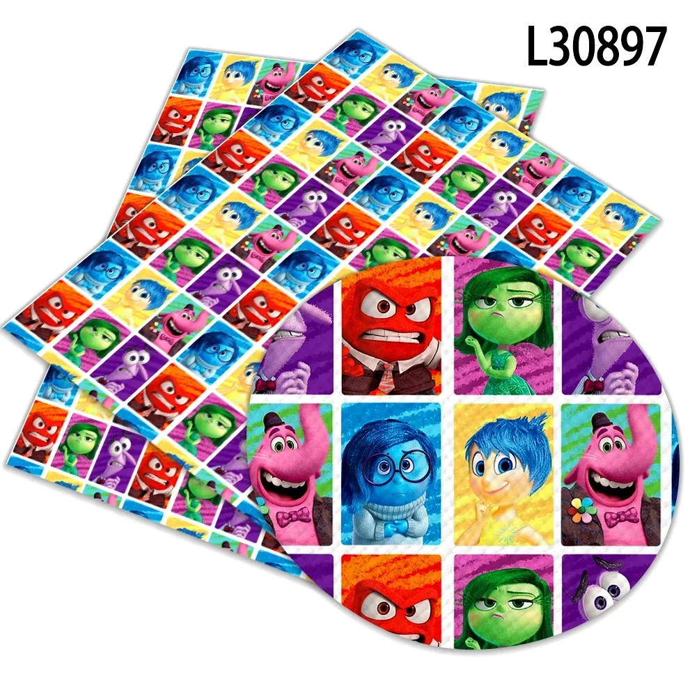 Hot Selling Disney Cute Inside Out 2 Cartoon Printed Faux Leather Sheets Vinyl Sheets DIY Earring Hair Bow Crafts Leather 12*8\
