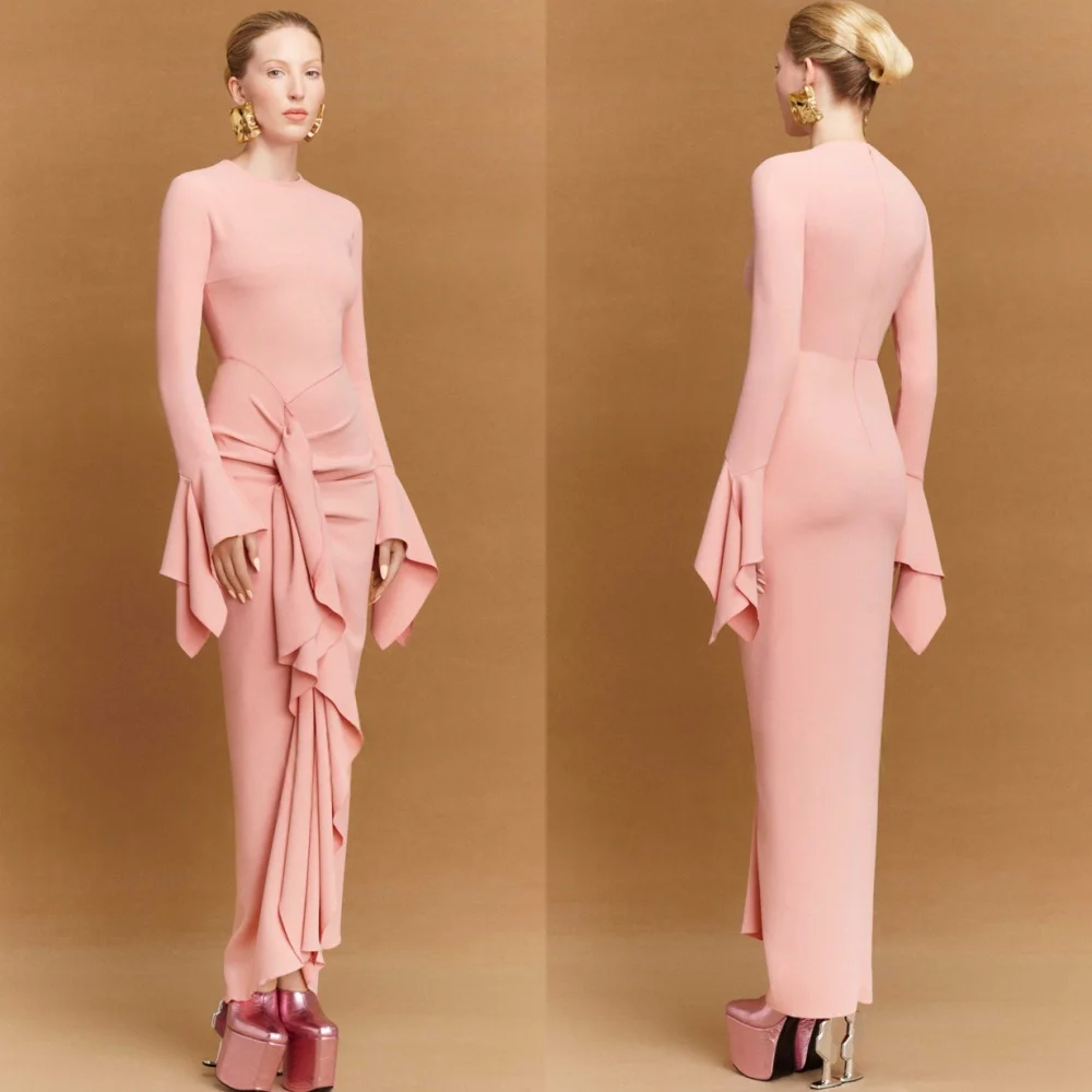 

Customized Exquisite pink Jersey Evening Dress Delicate Crew Neck Long Sleeves Homecoming Dress Classic Zipper Back Prom Dress