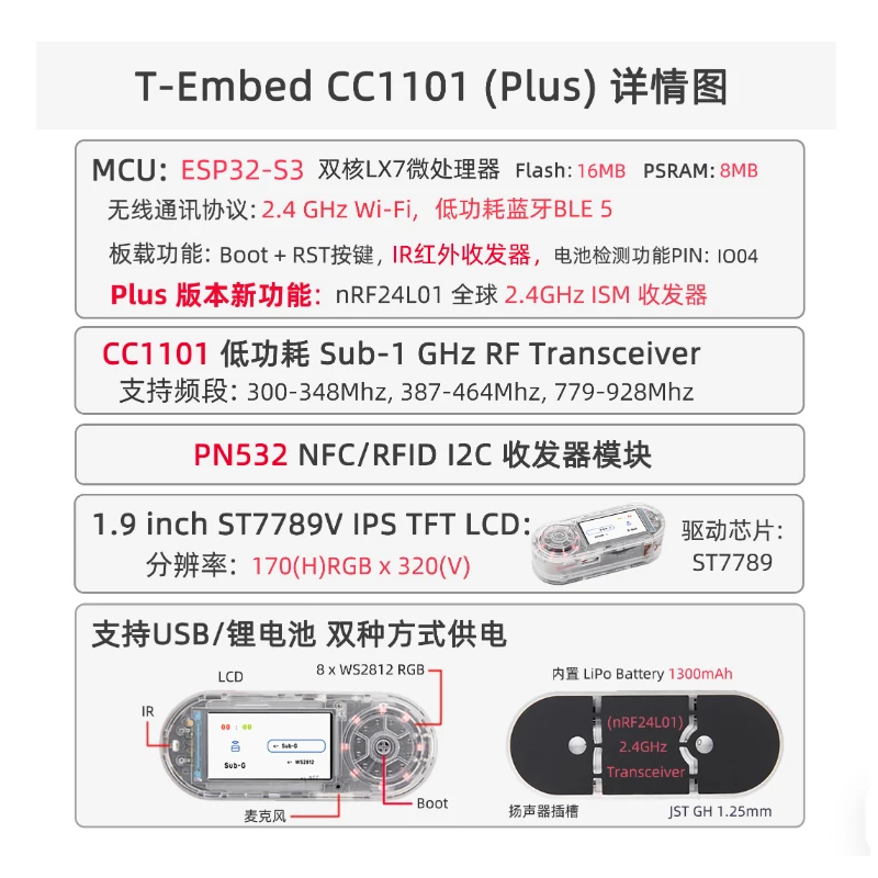 T-Embedd-CCC1101 Plus ESP32-S3 1.9-inch Module NRF24L01 LCD Development Board