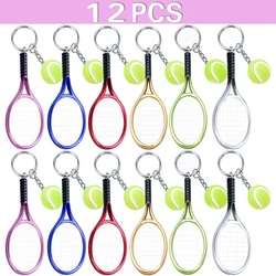 12Pcs Mini Exquisite Lightweight Tennis Racket Racquet Ball Keychains Key Rings Sport Style Split Keychains