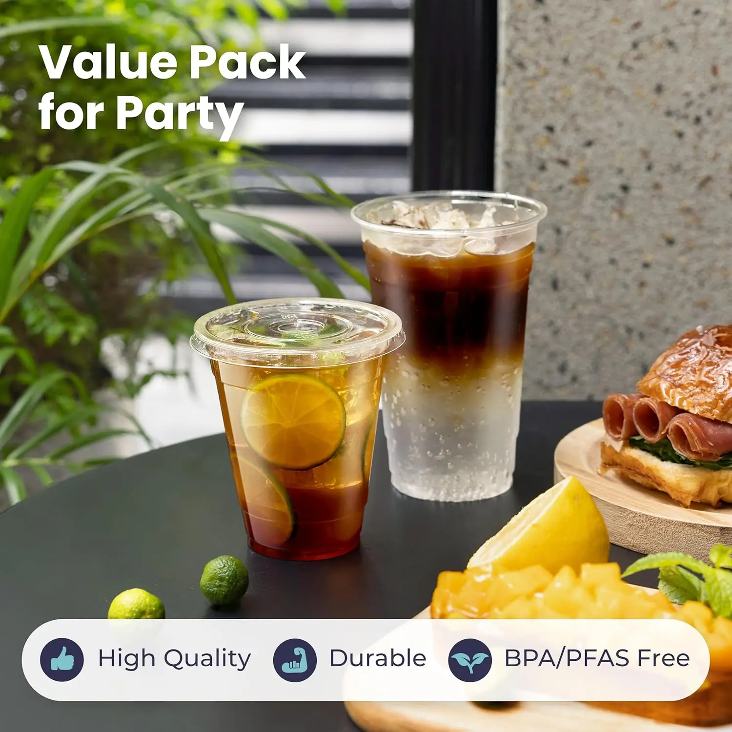 50 Clear Plastic Cups with Flat Lids Disposable Iced Coffee Cups BPA Free Premium Crystal Smoothie Cup for Party Lemonade Stand,
