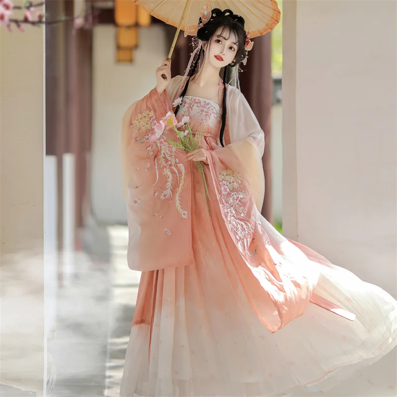 NT146 Hanfu Women's Clothing Ancient Style Pink Big Sleeve Shirt Chest-length Skirts Elegant Daily Summer