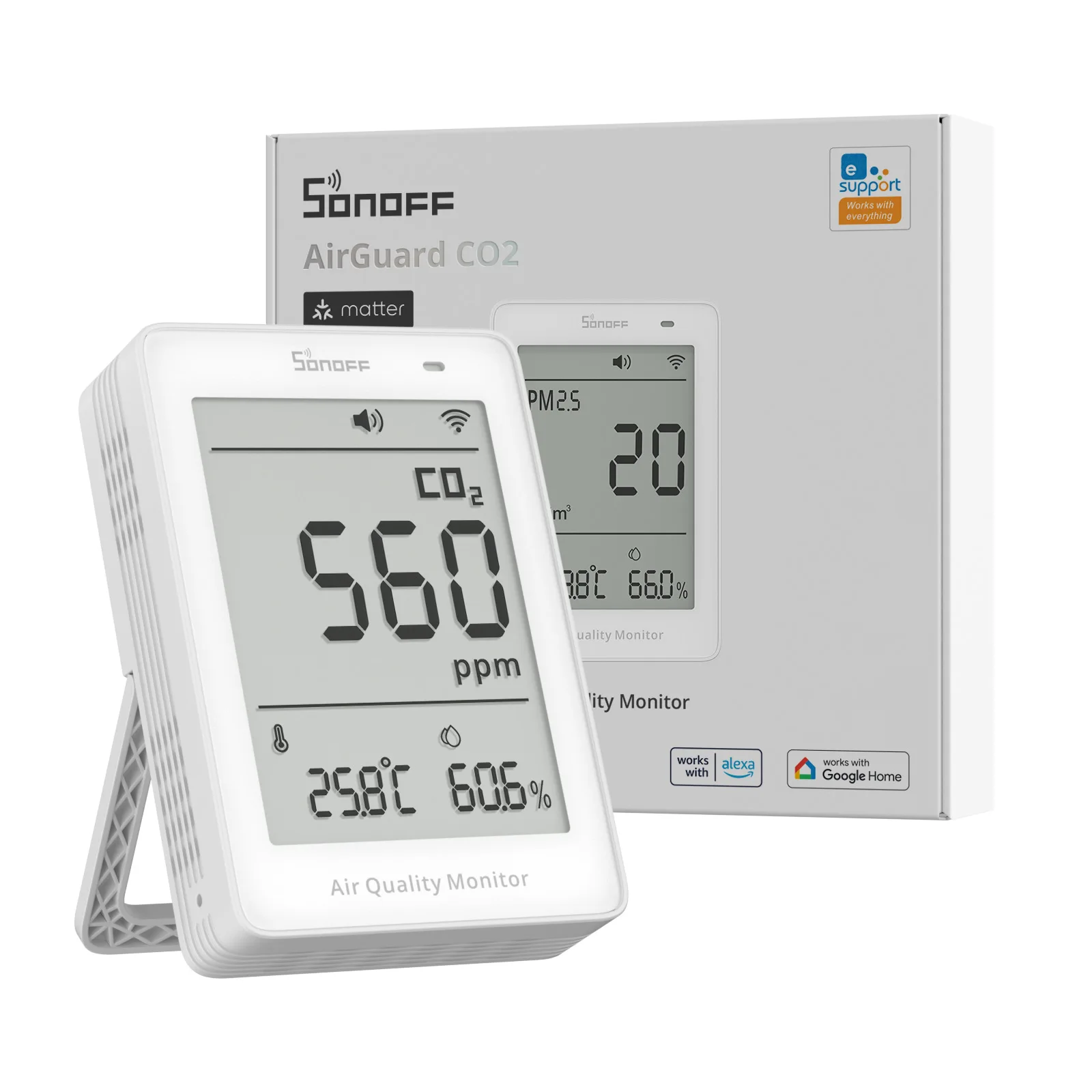 Monitor jakości powietrza SONOFF AirGuard CO2 Matter Over WiFi SAWF-08P, miernik temperatury i wilgotności, alarm dźwiękowy i świetlny, dane historyczne — zdjęcie produktu 7