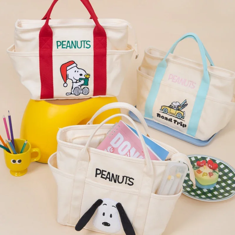 Fashion Embroidery Snoopy Canvas Casual Lunch Handbag Anime Cartoon Tote Kawaii Large Capacity Student Multi-pocket Commuter Bag